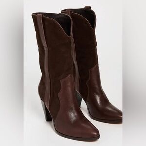 Free People Feather Heel Boot Chocolate Brown Leather Suede Western Heeled Boot